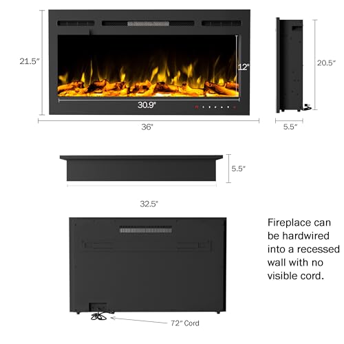 36-Inch Wall Mounted Electric Fireplace - Recessed Heater with Front Vent, Remote, LED Flames, and Log and Crystal Media by Northwest (Black)