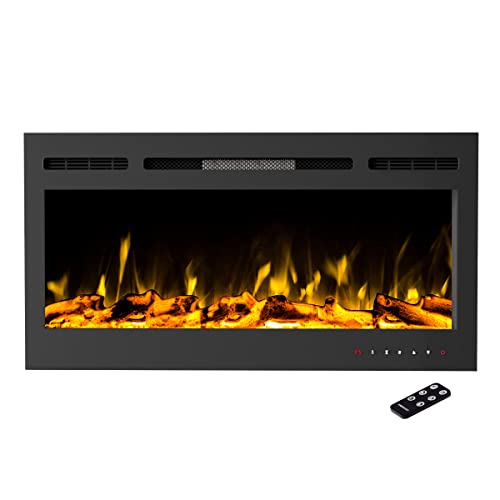 36-Inch Wall Mounted Electric Fireplace - Recessed Heater with Front Vent, Remote, LED Flames, and Log and Crystal Media by Northwest (Black)