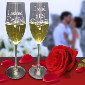 engraved i asked, i said yes engagement champagne toasting flutes - set of 2 in gift box | engraved wedding toasting glasses