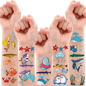 200 pcs ocean theme temporary tattoos for kids, beach pool under sea decorations birthday party supplies favors, fake tattoos stickers with mermaid shark tropical fish whale for boys and girls