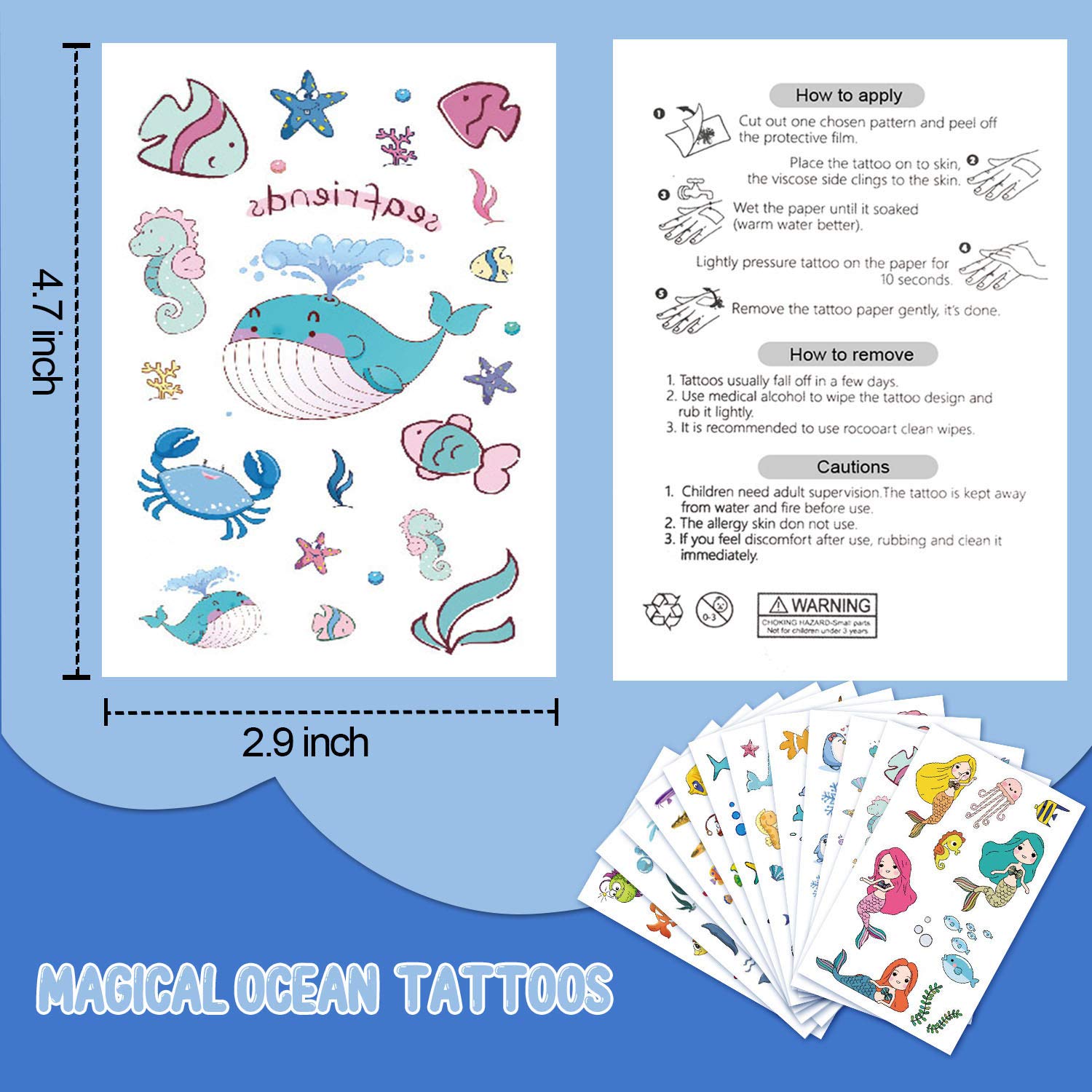 200 PCS Ocean Theme Temporary Tattoos for Kids, Beach Pool Under Sea Decorations Birthday Party Supplies Favors, Fake Tattoos Stickers With Mermaid Shark Tropical Fish Whale for Boys and Girls