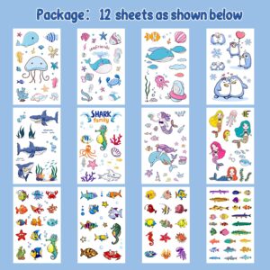 200 PCS Ocean Theme Temporary Tattoos for Kids, Beach Pool Under Sea Decorations Birthday Party Supplies Favors, Fake Tattoos Stickers With Mermaid Shark Tropical Fish Whale for Boys and Girls