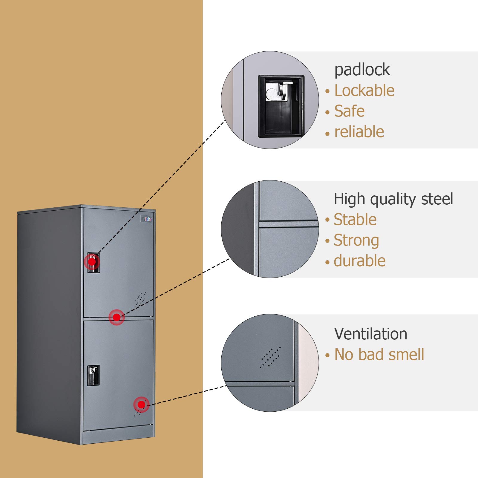 MECOLOR Vertical Single Tier Small Locker with Padlock latche 2 or 3 Compartment Storage for Employee,Home,Office,School,Kids (Dark Grey, P2V)