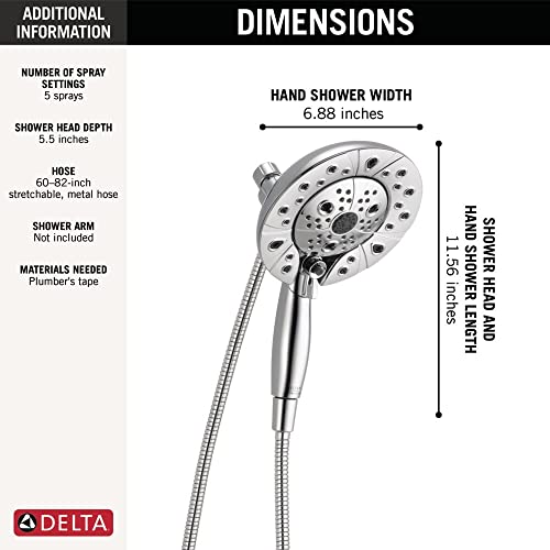 Delta Faucet 5-Spray In2ition Dual Shower Head with HandHeld Spray, H2Okinetic Chrome Shower Head with Hose, Showerheads, Handheld Shower Heads, Magnetic Docking, Chrome 58480-25-PK