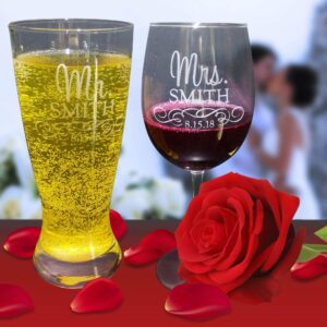 Personalized Mr and Mrs Beer and Wine Glass Set Of 2 - Gift Box Included| Engraved Wedding Toasting Glasses