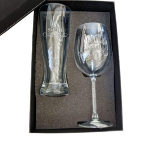 Personalized Mr and Mrs Beer and Wine Glass Set Of 2 - Gift Box Included| Engraved Wedding Toasting Glasses