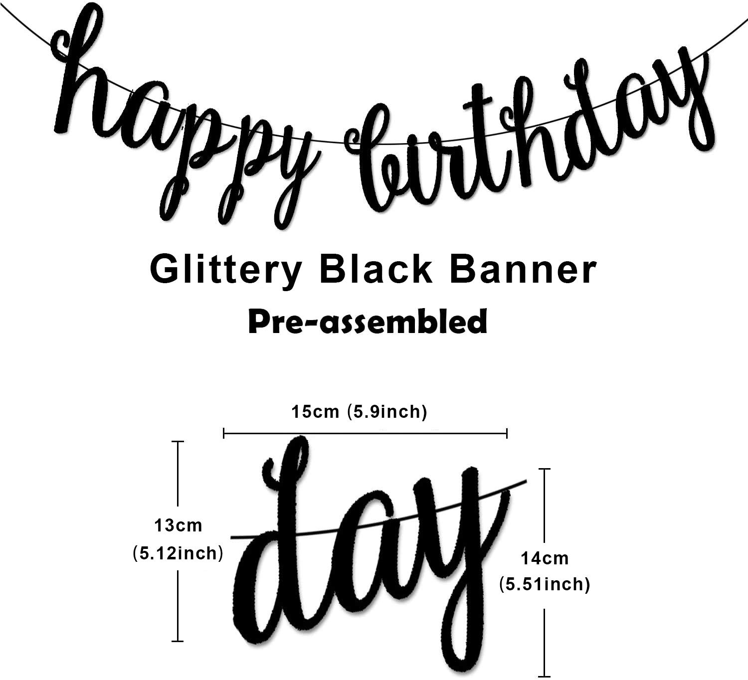 Black Happy Birthday Banner Decoration Kit, Black Glittery Birthday Banner Circle Dots Garland with Black Silver Hanging Swirls for Birthday Baby Shower Party Decorations Supplies, Pre-Strung
