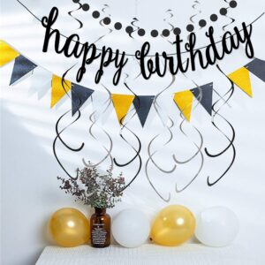 Black Happy Birthday Banner Decoration Kit, Black Glittery Birthday Banner Circle Dots Garland with Black Silver Hanging Swirls for Birthday Baby Shower Party Decorations Supplies, Pre-Strung