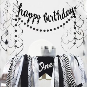 Black Happy Birthday Banner Decoration Kit, Black Glittery Birthday Banner Circle Dots Garland with Black Silver Hanging Swirls for Birthday Baby Shower Party Decorations Supplies, Pre-Strung