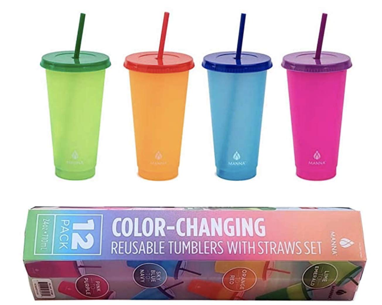 Manna 24oz Color Changing Reusable Cup Set - 12-Piece - Lime, Orange, Blue Sky, Pink