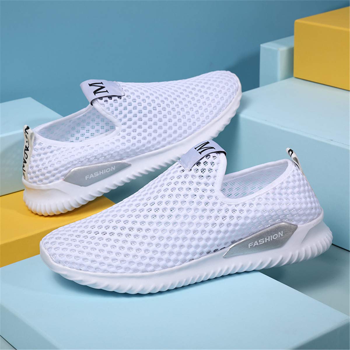 JOYVIP Men Women Athletic Non-Slip Running Sneakers Breathable Mesh Slip-On Work Shoes White