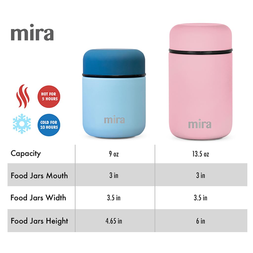 MIRA 2 Pack Insulated Food Jar Thermos for Hot Food & Soup, Compact Stainless Steel Vacuum Lunch Container, 13.5 oz, Denim, Pink