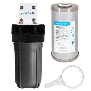 aquasure fortitude v2 series triple purpose sediment/carbon/zinc bacteria inhibiting water treatment pre-filter with housing system, small size | removes 99% of contaminants