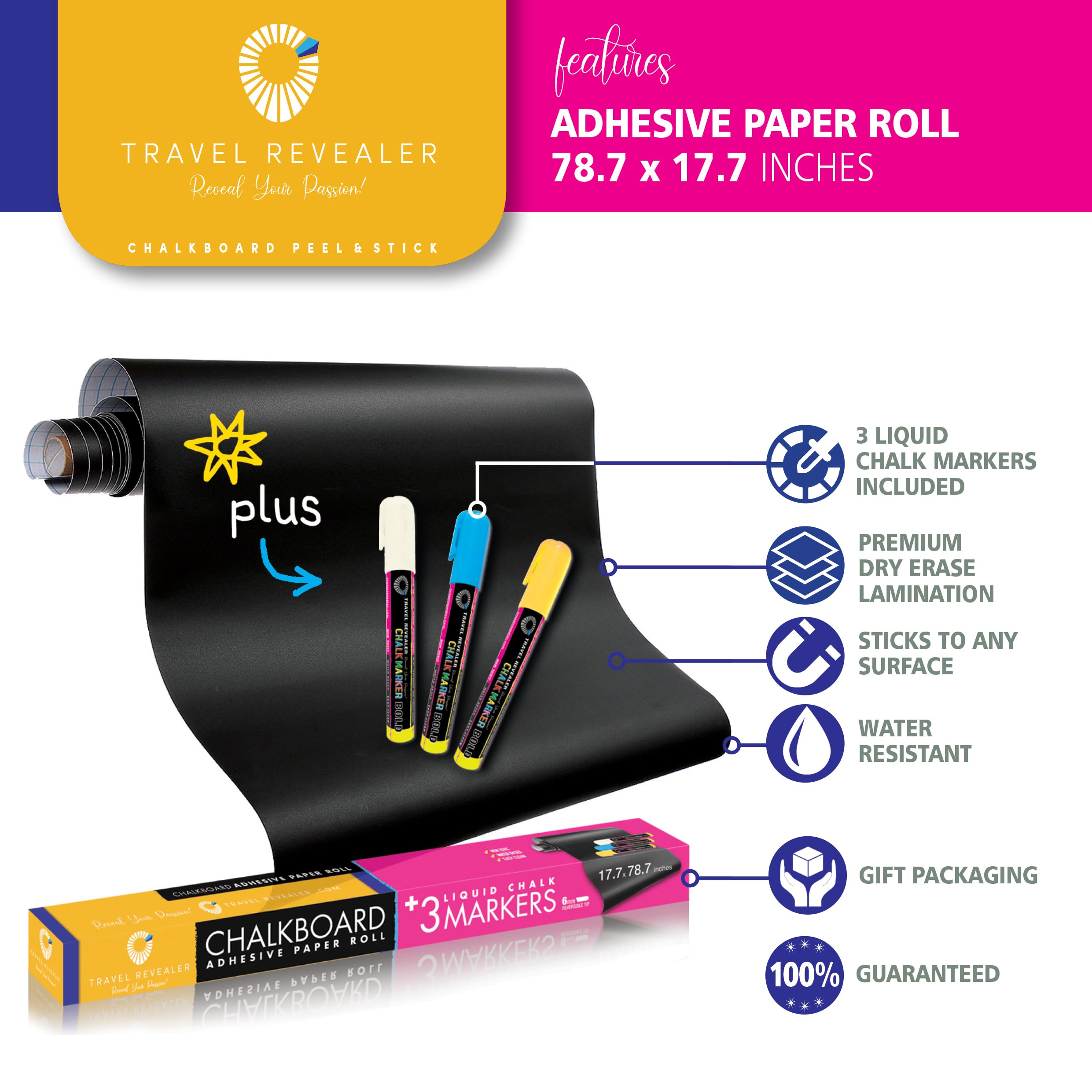 Travel Revealer Chalkboard Contact Paper Self Adhesive Dry Erase Contact Paper Roll +3 Liquid Chalk Markers 17.7x78.7 Wallpaper Stick & Peel Removable Contact Paper Blackboard Vinyl Black Stickers