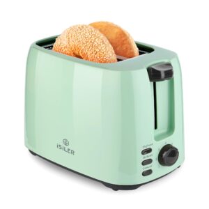 isiler 2 slice toaster, 1.3 inches wide slot bagel toaster with 7 shade settings and double side baking, compact bread toaster with removable crumb tray, defrost cancel function green