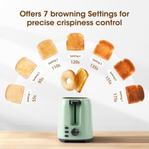 iSiLER 2 Slice Toaster, 1.3 Inches Wide Slot Bagel Toaster with 7 Shade Settings and Double Side Baking, Compact Bread Toaster with Removable Crumb Tray, Defrost Cancel Function Green