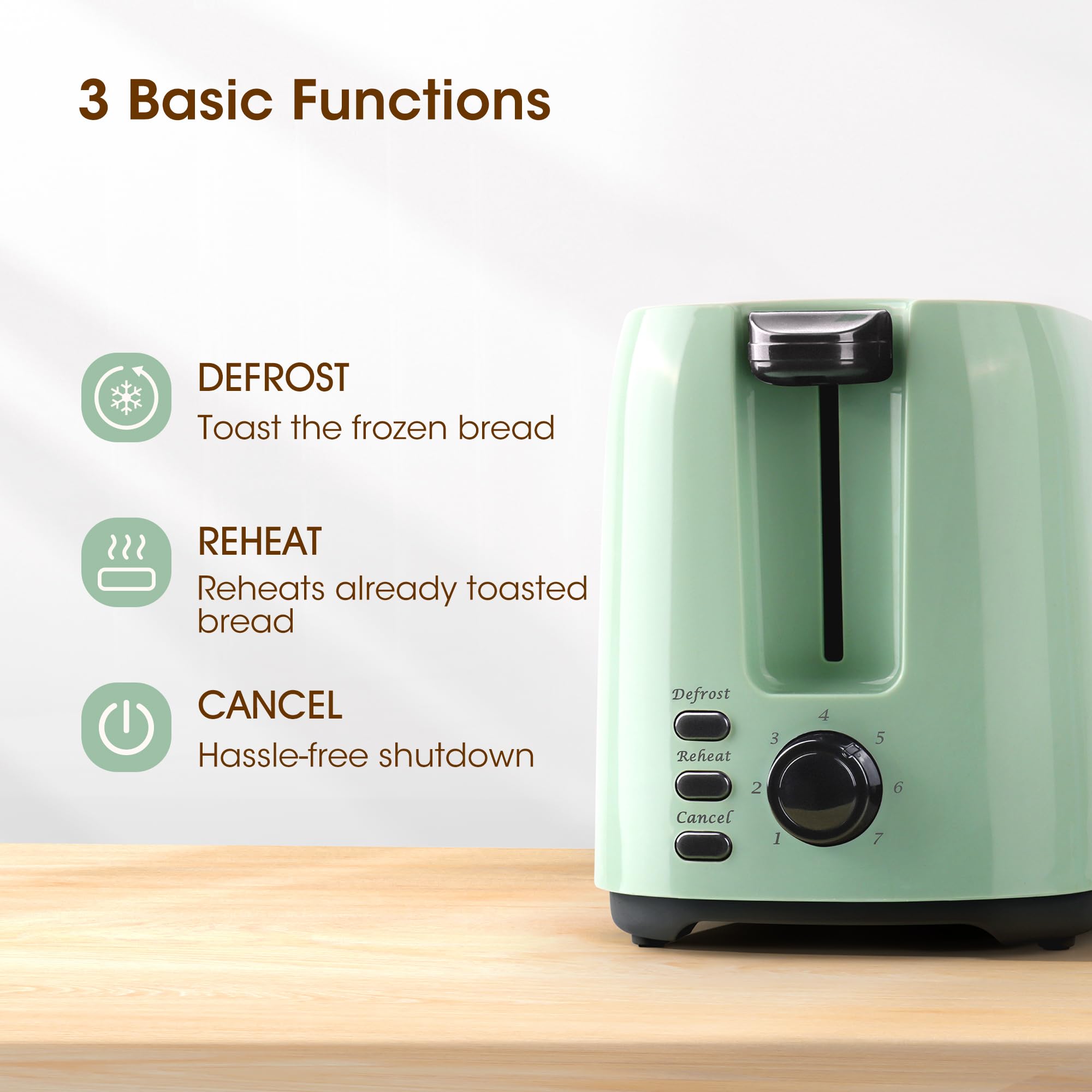 iSiLER 2 Slice Toaster, 1.3 Inches Wide Slot Bagel Toaster with 7 Shade Settings and Double Side Baking, Compact Bread Toaster with Removable Crumb Tray, Defrost Cancel Function Green