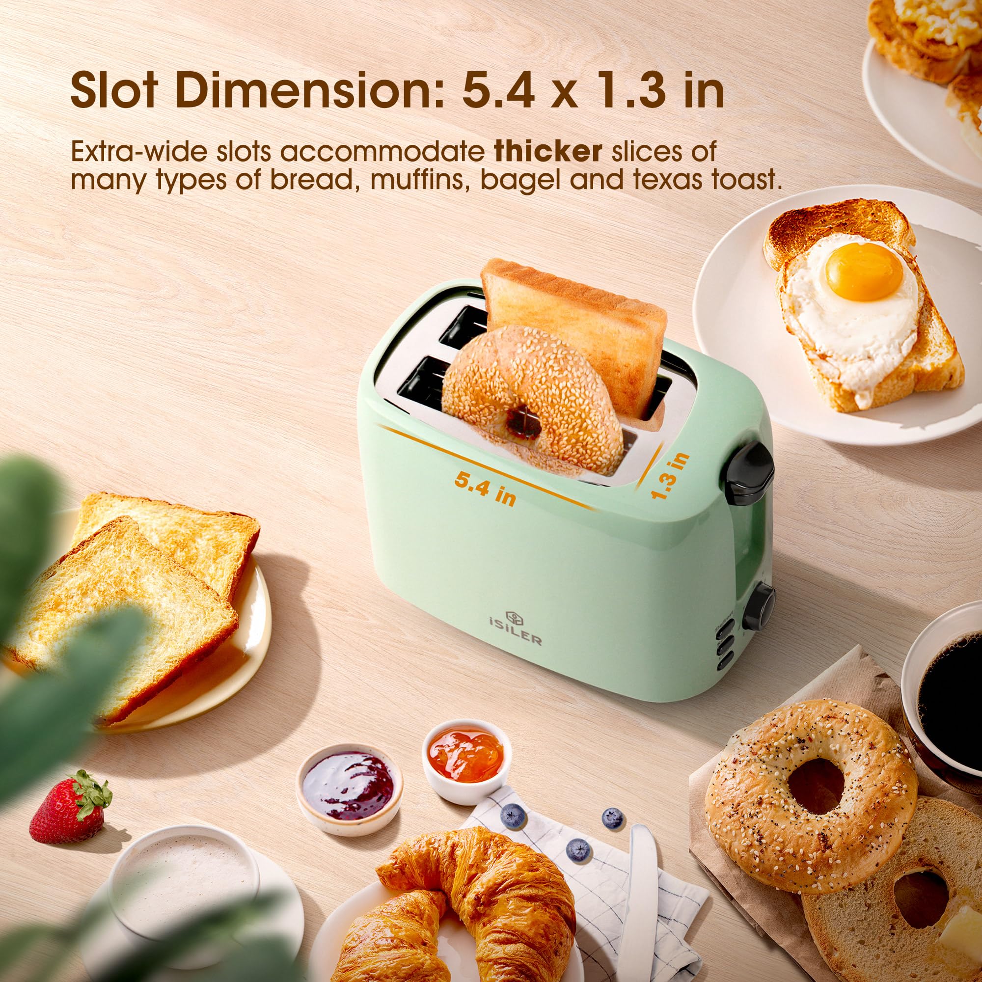 iSiLER 2 Slice Toaster, 1.3 Inches Wide Slot Bagel Toaster with 7 Shade Settings and Double Side Baking, Compact Bread Toaster with Removable Crumb Tray, Defrost Cancel Function Green