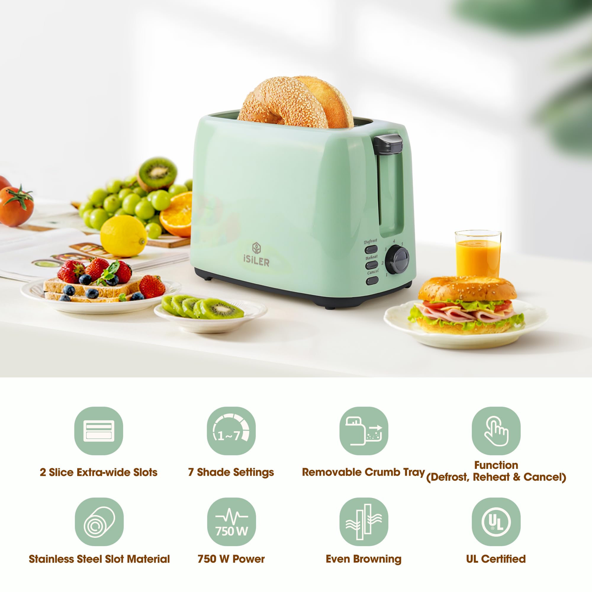 iSiLER 2 Slice Toaster, 1.3 Inches Wide Slot Bagel Toaster with 7 Shade Settings and Double Side Baking, Compact Bread Toaster with Removable Crumb Tray, Defrost Cancel Function Green