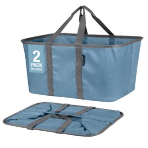 clevermade collapsible laundry tote, denim/charcoal 2pk - 50l (13 gal) collapsible laundry baskets with sturdy pop-up wire frame and long carry handles - space-saving collapsible hamper