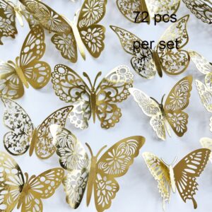 72Pcs Gold Silver Butterfly Wall Sticker Decal 3D Metallic Art Butterfly Mural Decoration DIY Flying Stickers for Kids Bedroom Home Party Nursery Classroom Offices Décor (Gold)