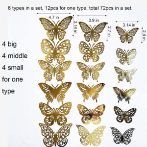 72Pcs Gold Silver Butterfly Wall Sticker Decal 3D Metallic Art Butterfly Mural Decoration DIY Flying Stickers for Kids Bedroom Home Party Nursery Classroom Offices Décor (Gold)