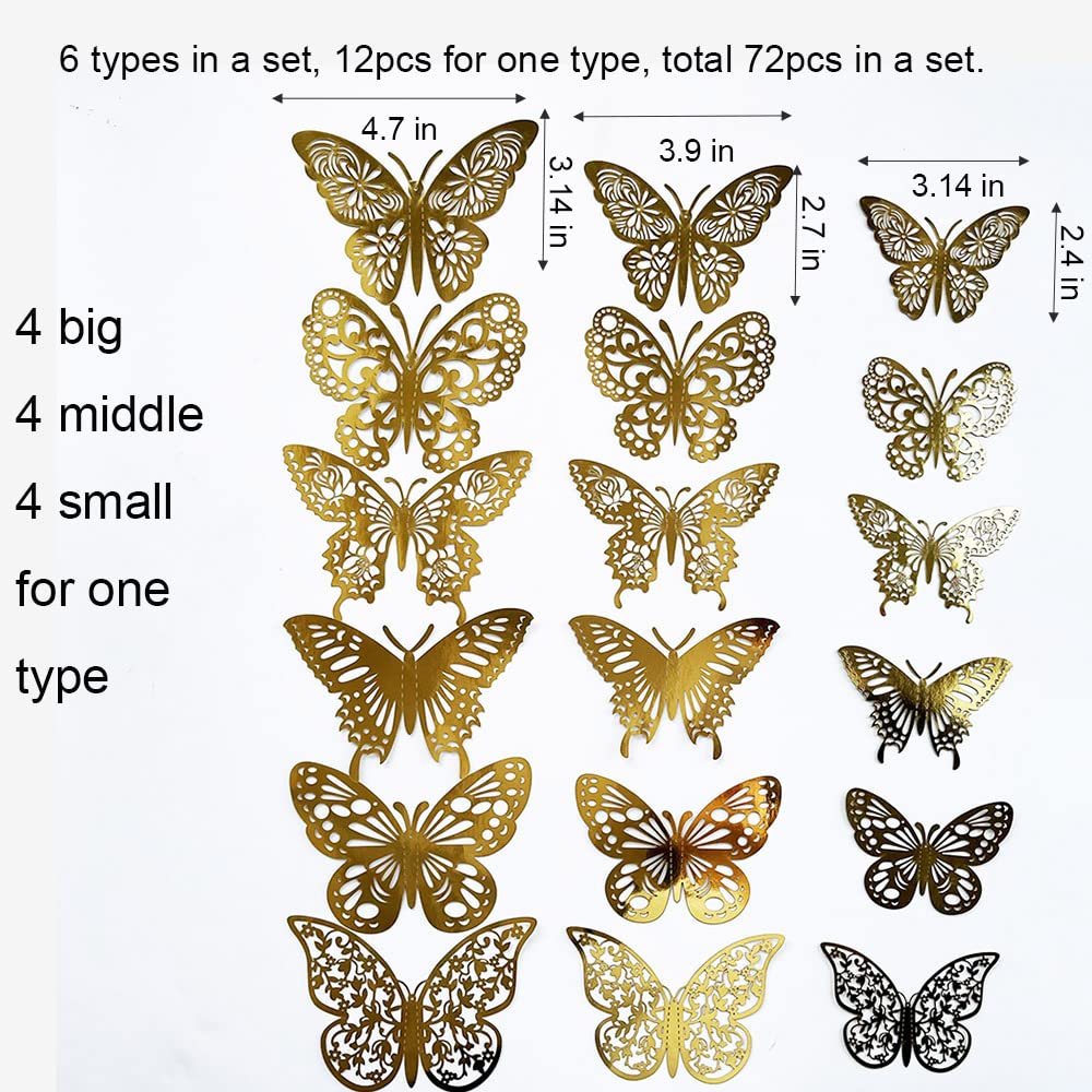 72Pcs Gold Silver Butterfly Wall Sticker Decal 3D Metallic Art Butterfly Mural Decoration DIY Flying Stickers for Kids Bedroom Home Party Nursery Classroom Offices Décor (Gold)