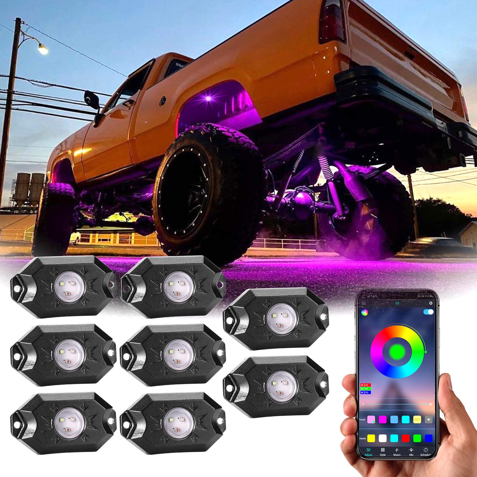 YCHOW-TECH RGB LED Rock Lights Kit, 8 Pods Multicolor Neon LED Light Kit with Bluetooth Control Music Mode, High Bright Multilcolor Waterproof IP68 Rock Light for Pickup Off Road RZR SUV ATV UTV Car