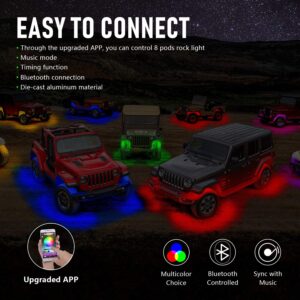 YCHOW-TECH RGB LED Rock Lights Kit, 8 Pods Multicolor Neon LED Light Kit with Bluetooth Control Music Mode, High Bright Multilcolor Waterproof IP68 Rock Light for Pickup Off Road RZR SUV ATV UTV Car