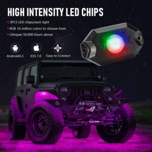 YCHOW-TECH RGB LED Rock Lights Kit, 8 Pods Multicolor Neon LED Light Kit with Bluetooth Control Music Mode, High Bright Multilcolor Waterproof IP68 Rock Light for Pickup Off Road RZR SUV ATV UTV Car