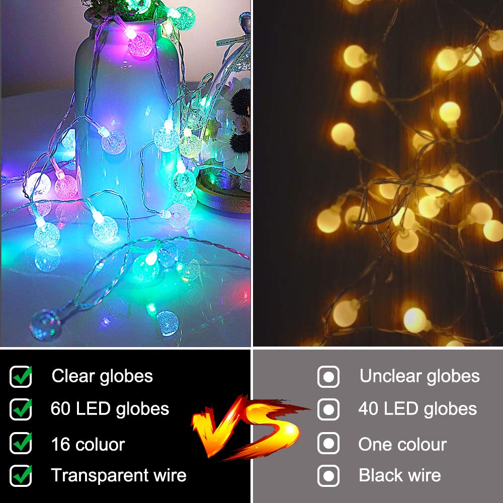 Metaku RGB Globe String Lights Fairy Lights Battery Operated 26ft 60LED String Lights with Remote 16 Colour Changing Garden Lights Waterproof Indoor Outdoor Decorative Lights for Garden Patio Home