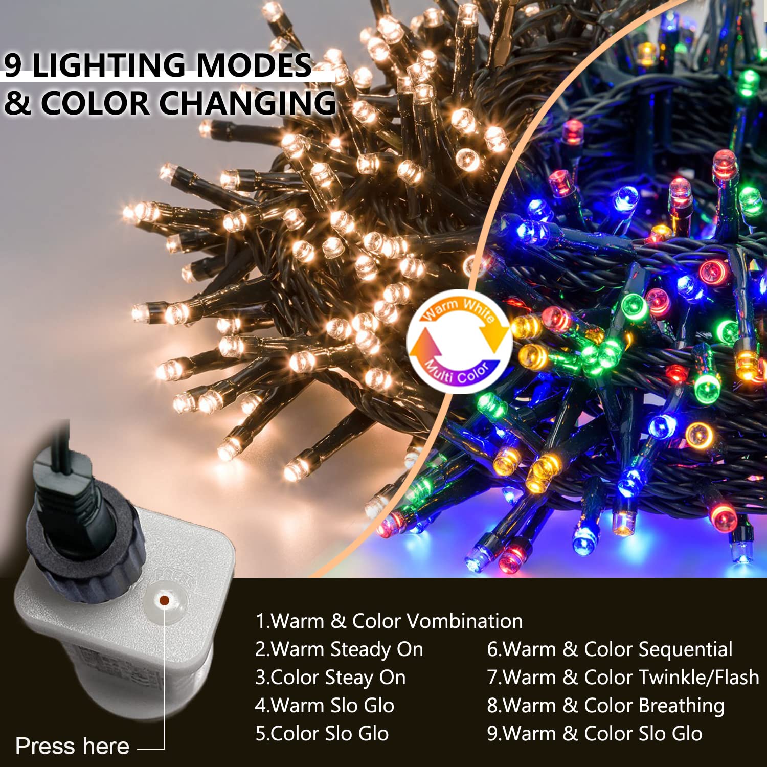 gresonic LED Christmas Lights Outdoor Color Changing 500 LEDs, Tree String Lights Waterproof 32.5ft Green Wire with Remote 9 Modes 3 Timing Options for Party Decorations(Warm White & Multicolor)