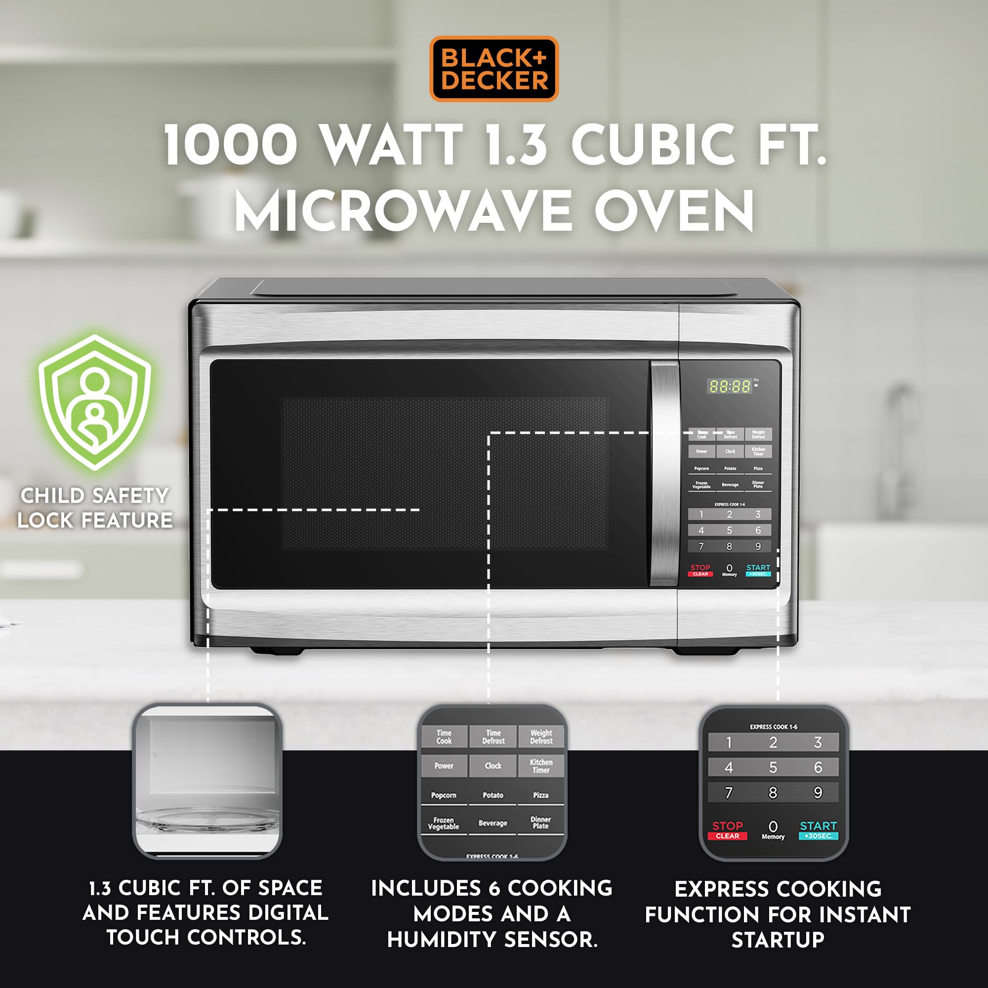 Black+Decker 1000 Watt Stainless Steel Small Microwave Countertop Oven with 6 Cooking Modes, Digital Touch Controls, and Display, Black