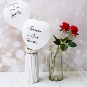 60 Pieces Funeral Balloon White Hearts Shape Balloons Memorial Balloons Latex Balloons with 2 Rolls White Balloon Ribbons for Funeral Memorial Decoration