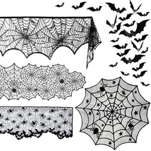 beeager 5 pack halloween spider decorations sets -halloween fireplace mantel scarf & round table cover & lace table runner & cobweb lampshade & 60 pcs scary 3d bat for halloween party decors (1) (1)