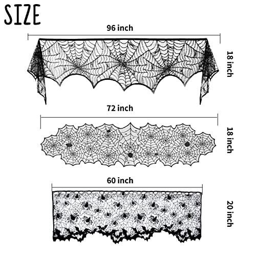 Beeager 5 Pack Halloween Spider Decorations Sets -Halloween Fireplace Mantel Scarf & Round Table Cover & Lace Table Runner & Cobweb Lampshade & 60 pcs Scary 3D Bat for Halloween Party Decors (1) (1)