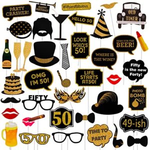 adult 50th birthday photo booth props(41pcs) for her him cheers to 50 years birthday party, gold and red decorations, 50th happy birthday party supplies for men women