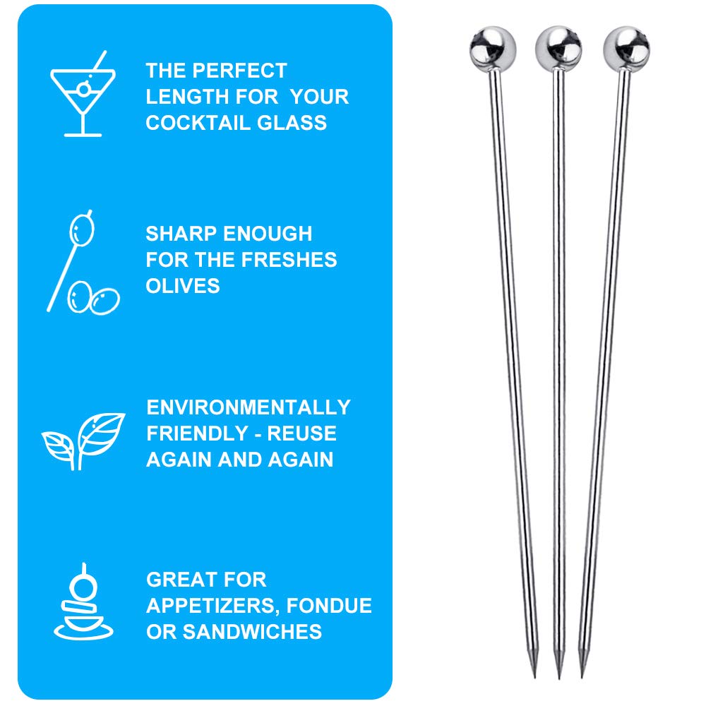 FATLODA 15PCS Cocktail Picks for Drinks, Stainless Steel Cocktail Toothpicks, Reusable Cocktail Skewers, Garnish Picks Bloody Mary Skewers, Metal Martini Picks for Olives Appetizers Fruit (4.3 Inch)