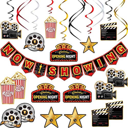 45 Pieces Movie Night Decorations Party Decorations Kit Now Showing Banner Hanging Swirls Movie Theater Themed for Bridal Shower Birthday Party Supplies Film Backdrop