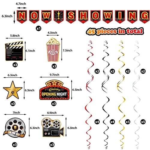 45 Pieces Movie Night Decorations Party Decorations Kit Now Showing Banner Hanging Swirls Movie Theater Themed for Bridal Shower Birthday Party Supplies Film Backdrop