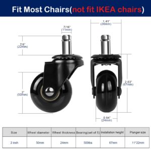 Hirate Office Chair Caster Replacement, 2" Heavy Duty Desk Chair Casters Rolling Smooth Safe for Hardwood, Tile & Carpet Fit Most Chairs 7/16" x 7/8" (Set of 5)