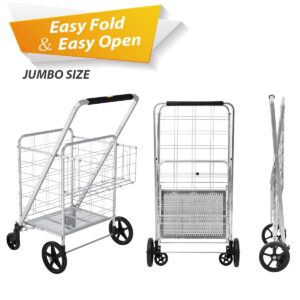 Supenice Jumbo Shopping Cart with Double Basket Grocery Cart Deluxe Folding Shopping Cart 360°Rolling Swivel Bearing Wheels Super Loading Utility Cart for Laundry, Grocery, Luggage