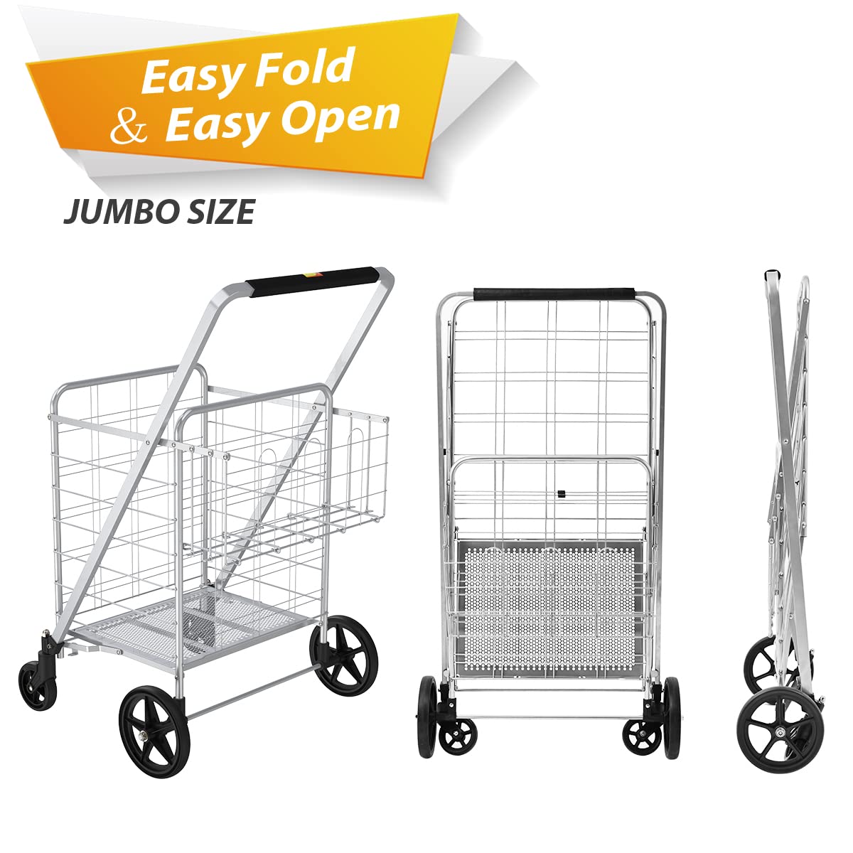 Supenice Jumbo Shopping Cart with Double Basket Grocery Cart Deluxe Folding Shopping Cart 360°Rolling Swivel Bearing Wheels Super Loading Utility Cart for Laundry, Grocery, Luggage