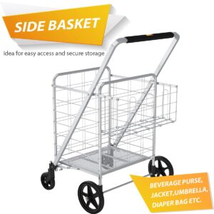 Supenice Jumbo Shopping Cart with Double Basket Grocery Cart Deluxe Folding Shopping Cart 360°Rolling Swivel Bearing Wheels Super Loading Utility Cart for Laundry, Grocery, Luggage