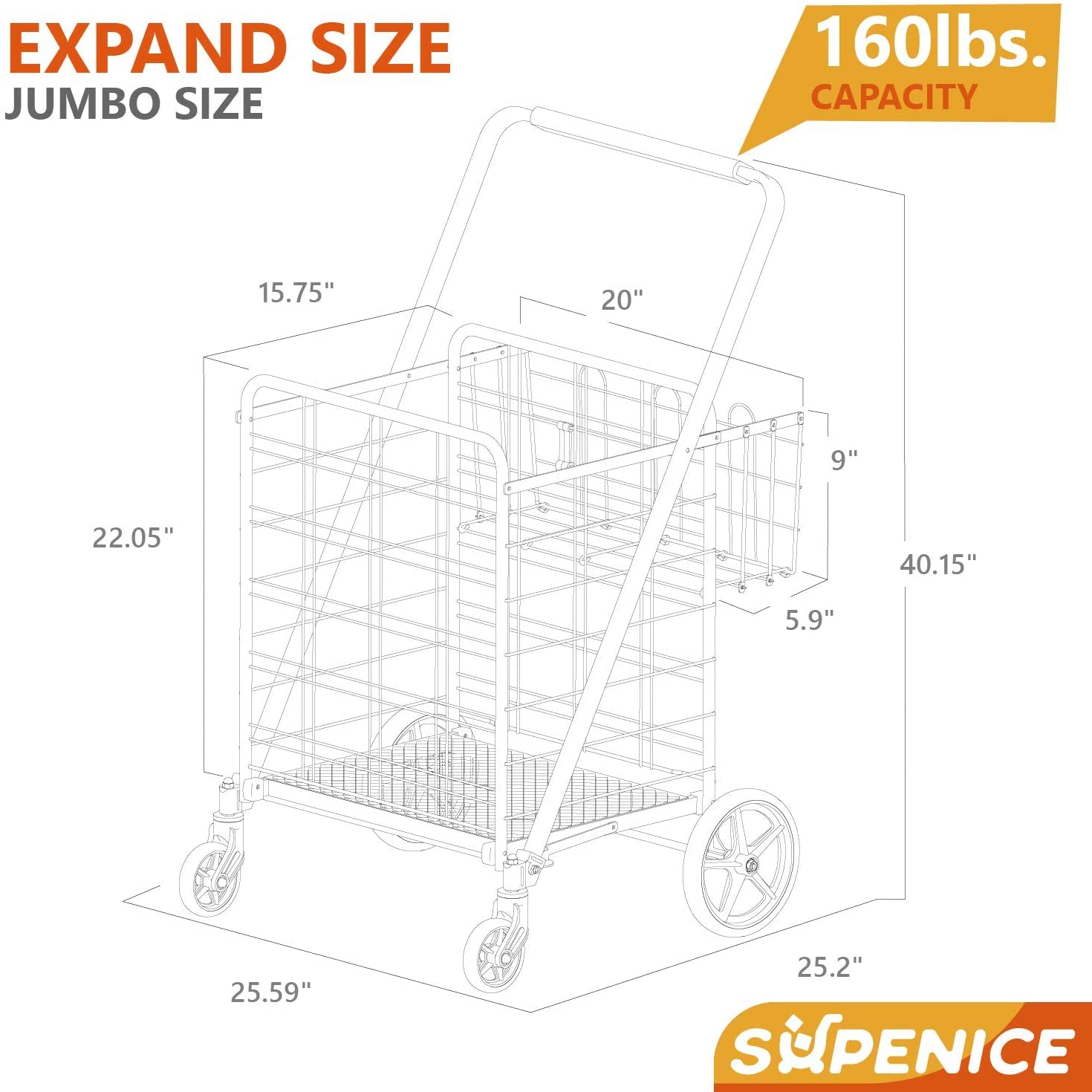 Supenice Jumbo Shopping Cart with Double Basket Grocery Cart Deluxe Folding Shopping Cart 360°Rolling Swivel Bearing Wheels Super Loading Utility Cart for Laundry, Grocery, Luggage