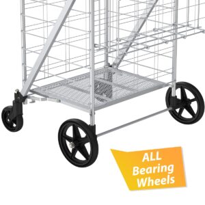 Supenice Jumbo Shopping Cart with Double Basket Grocery Cart Deluxe Folding Shopping Cart 360°Rolling Swivel Bearing Wheels Super Loading Utility Cart for Laundry, Grocery, Luggage