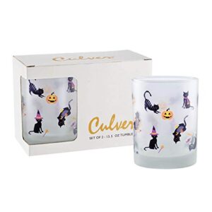culver holiday decorated frosted double old fashioned tumbler glasses, 13.5-ounce, gift boxed set of 2 (halloween cats)