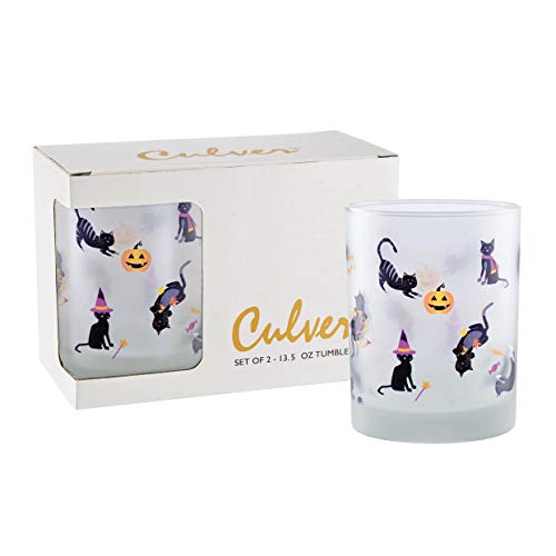 Culver Holiday Decorated Frosted Double Old Fashioned Tumbler Glasses, 13.5-Ounce, Gift Boxed Set of 2 (Halloween Cats)