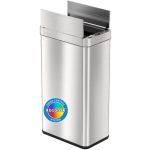itouchless 18 gallon wings open lid sensor trash can with absorbx odor filter & petguard, 68 liter automatic stainless steel kitchen garbage bin for under the counter & tight space , silver