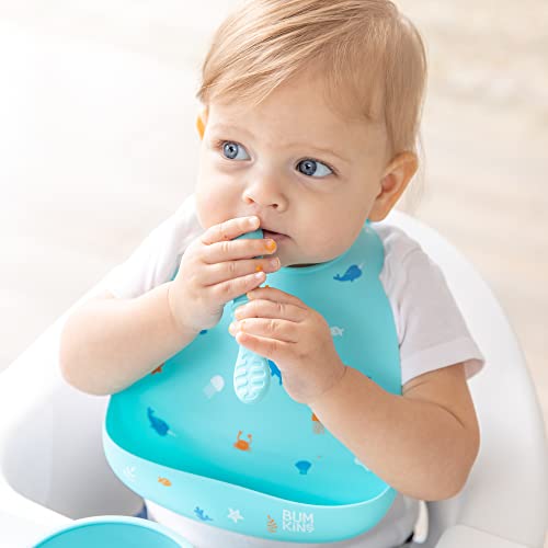 Bumkins Baby Utensil Set, Silicone Trainer Spoons for Dipping, Soft Tip, Self-Feeding, Chew, Baby Led Weaning, First Year Training Supplies, Essentials in Learning Eating, 4 Mos, 3-pk Blue and Green